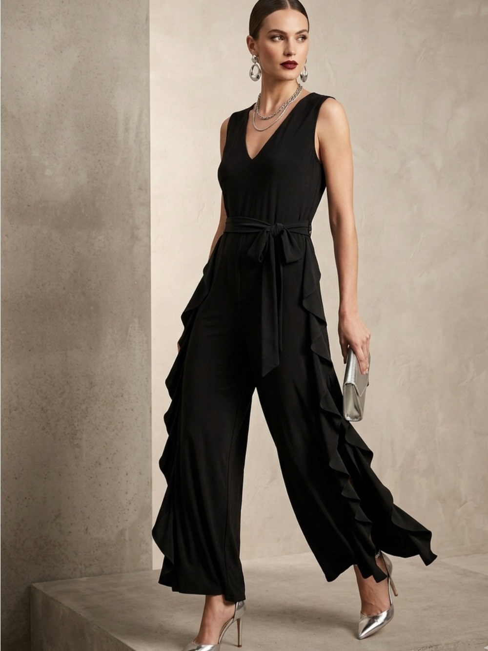 Black V-Neck Ruffle Wide-Leg Jumpsuit NWT